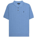 Blue polo shirt with brand logo on a white background