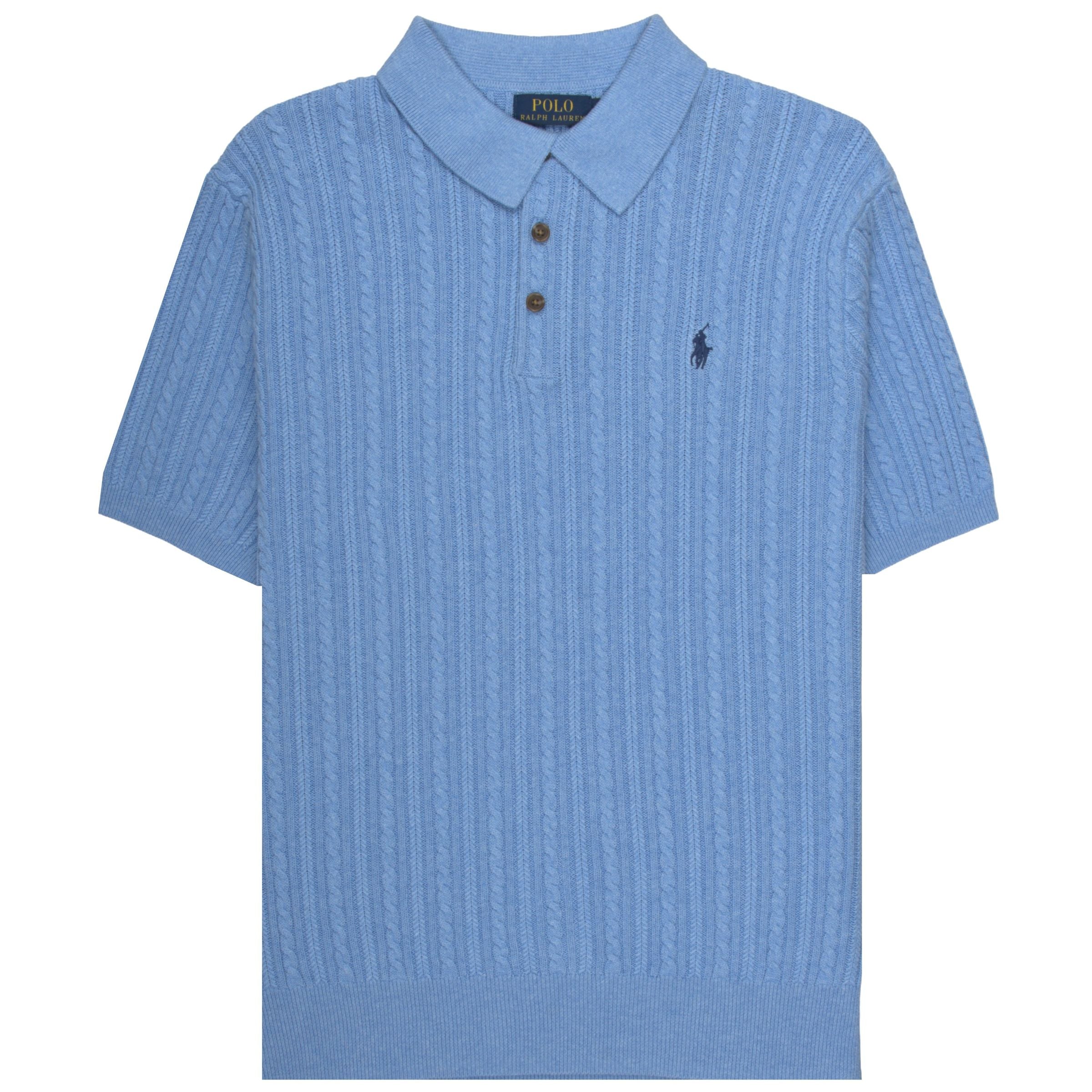 Blue polo shirt with brand logo on a white background