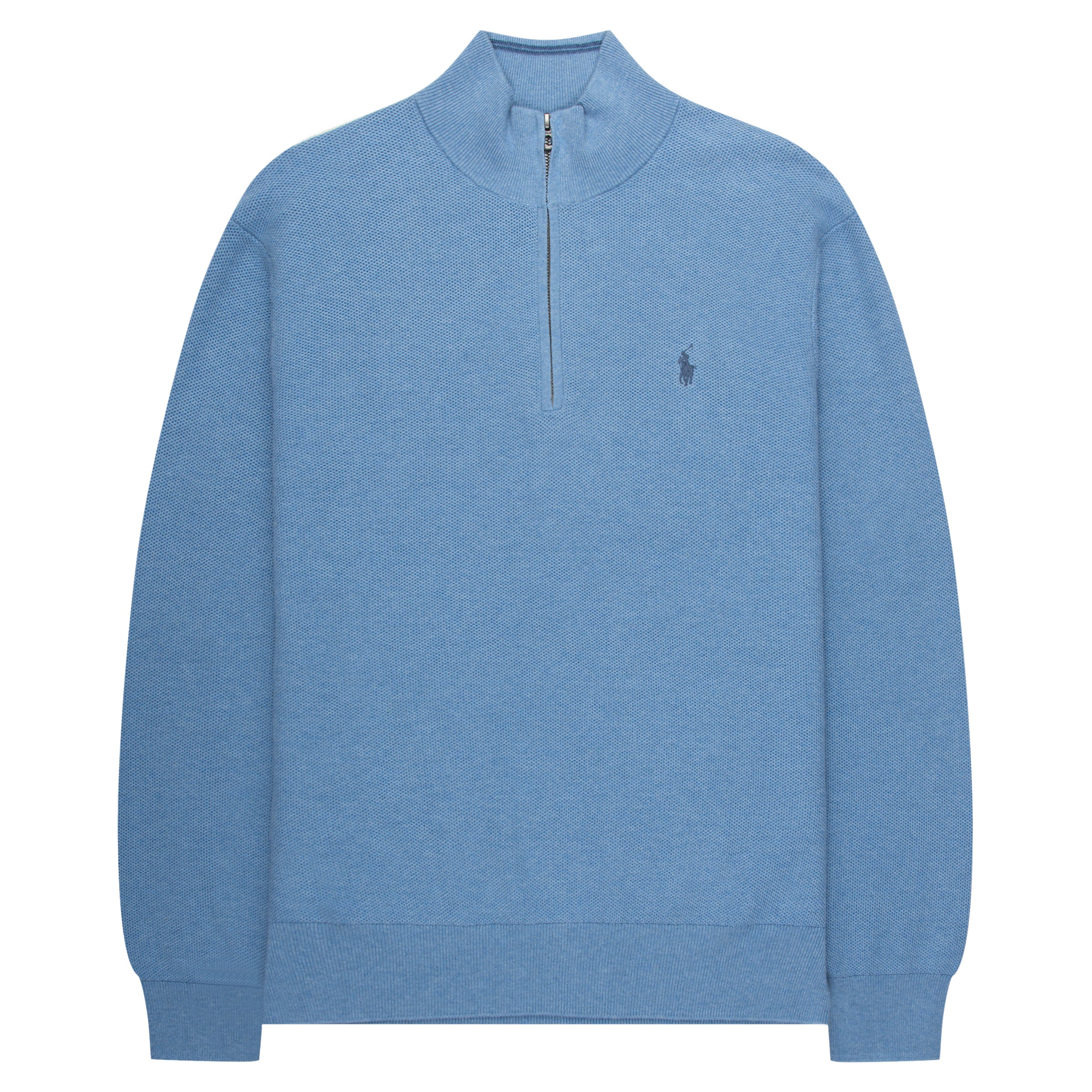 Blue sweater with a brand logo on a white background