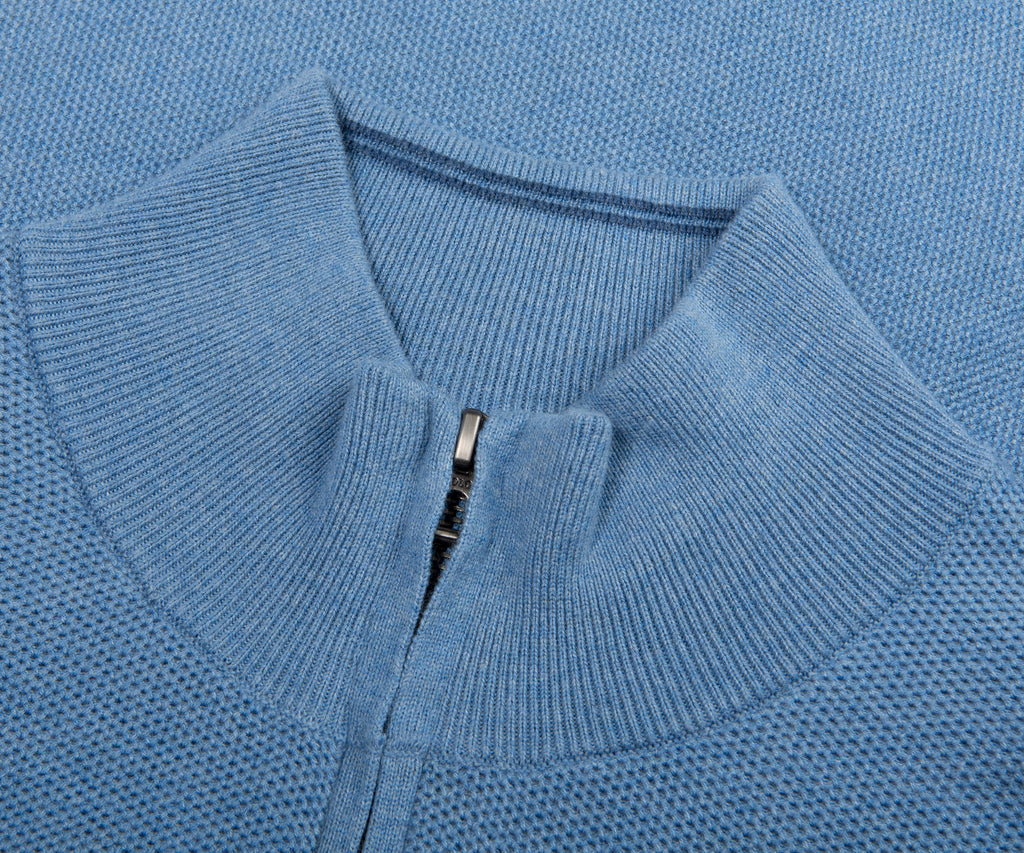 Close-up of a blue sweater collar with a zipper