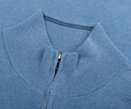 Close-up of a blue sweater collar with a zipper
