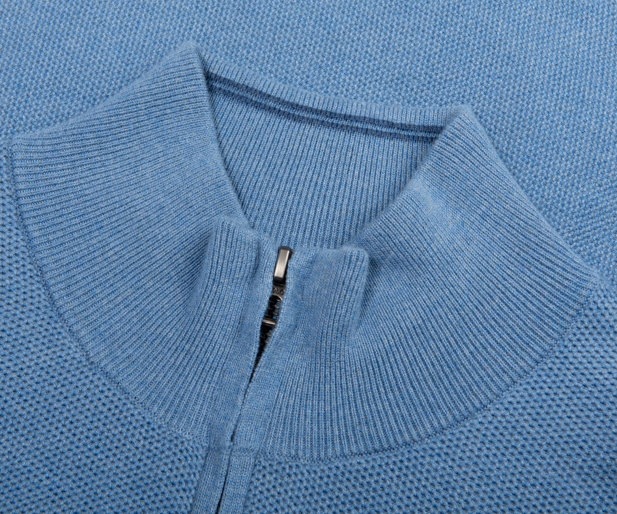Close-up of a blue sweater collar with a zipper
