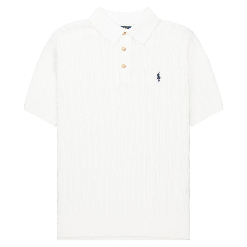 White polo shirt with a small logo on a white background