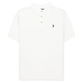 White polo shirt with a small logo on a white background