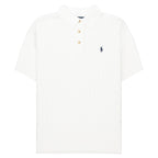 White polo shirt with a small logo on a white background