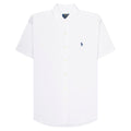 White polo shirt with a small logo on a white background