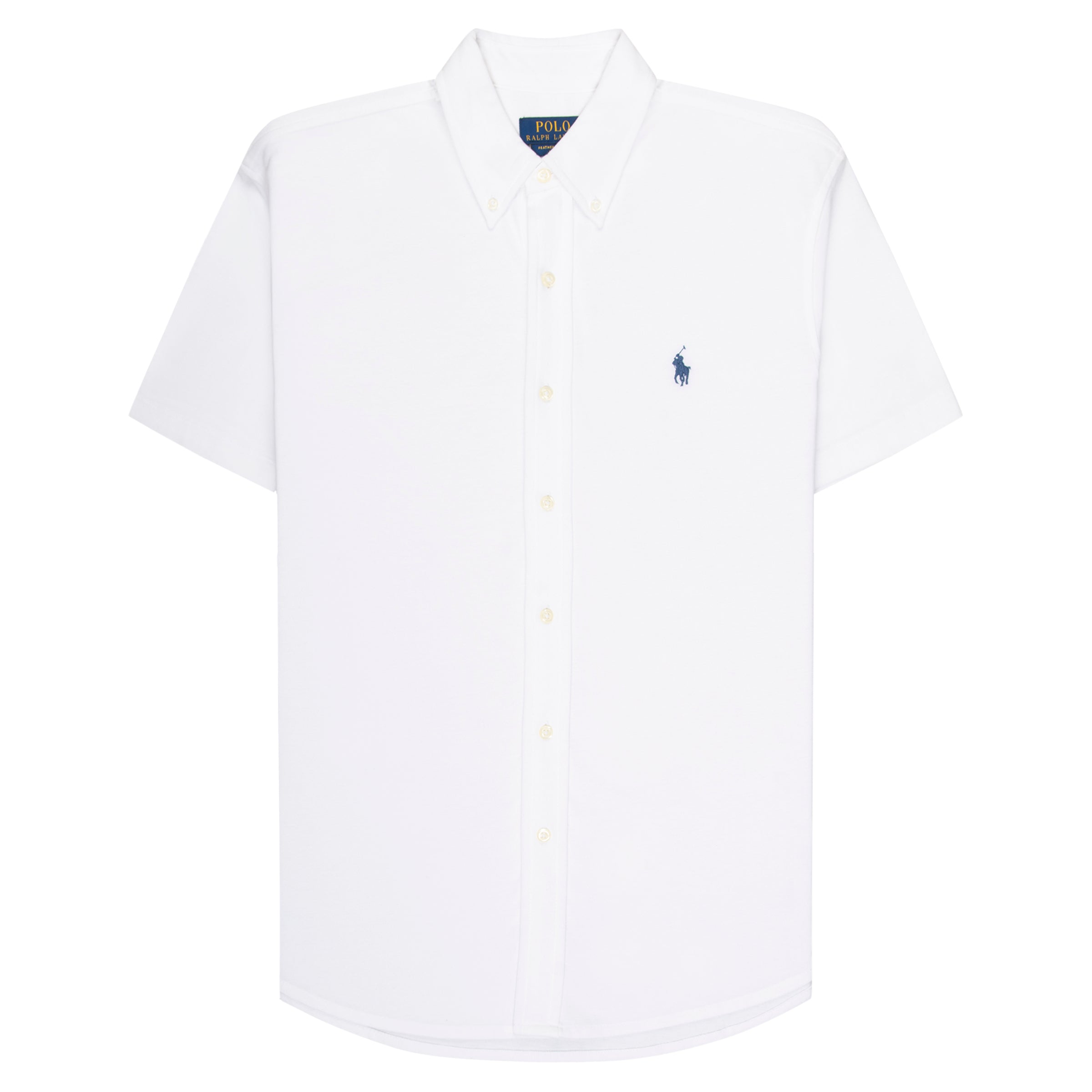 White polo shirt with a small logo on a white background