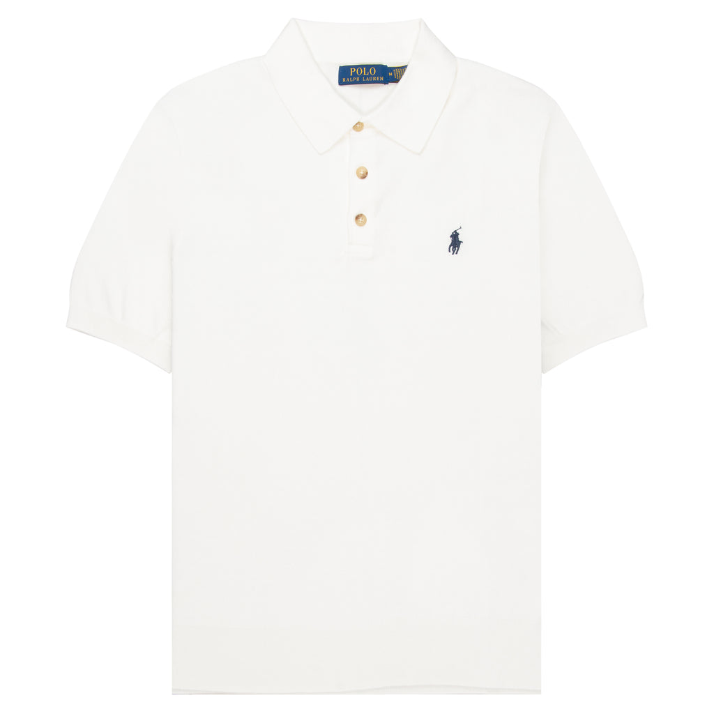 White polo shirt with brand logo on a white background