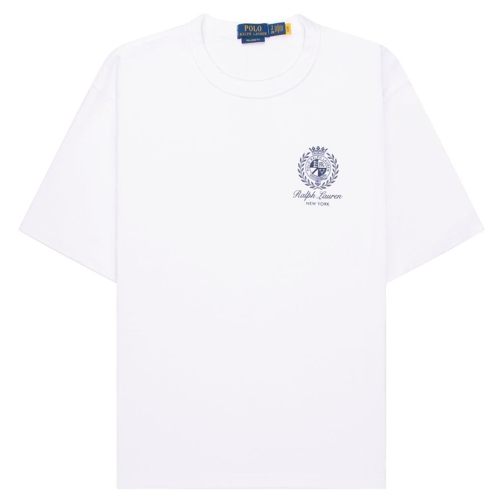 White t-shirt with a logo on a white background