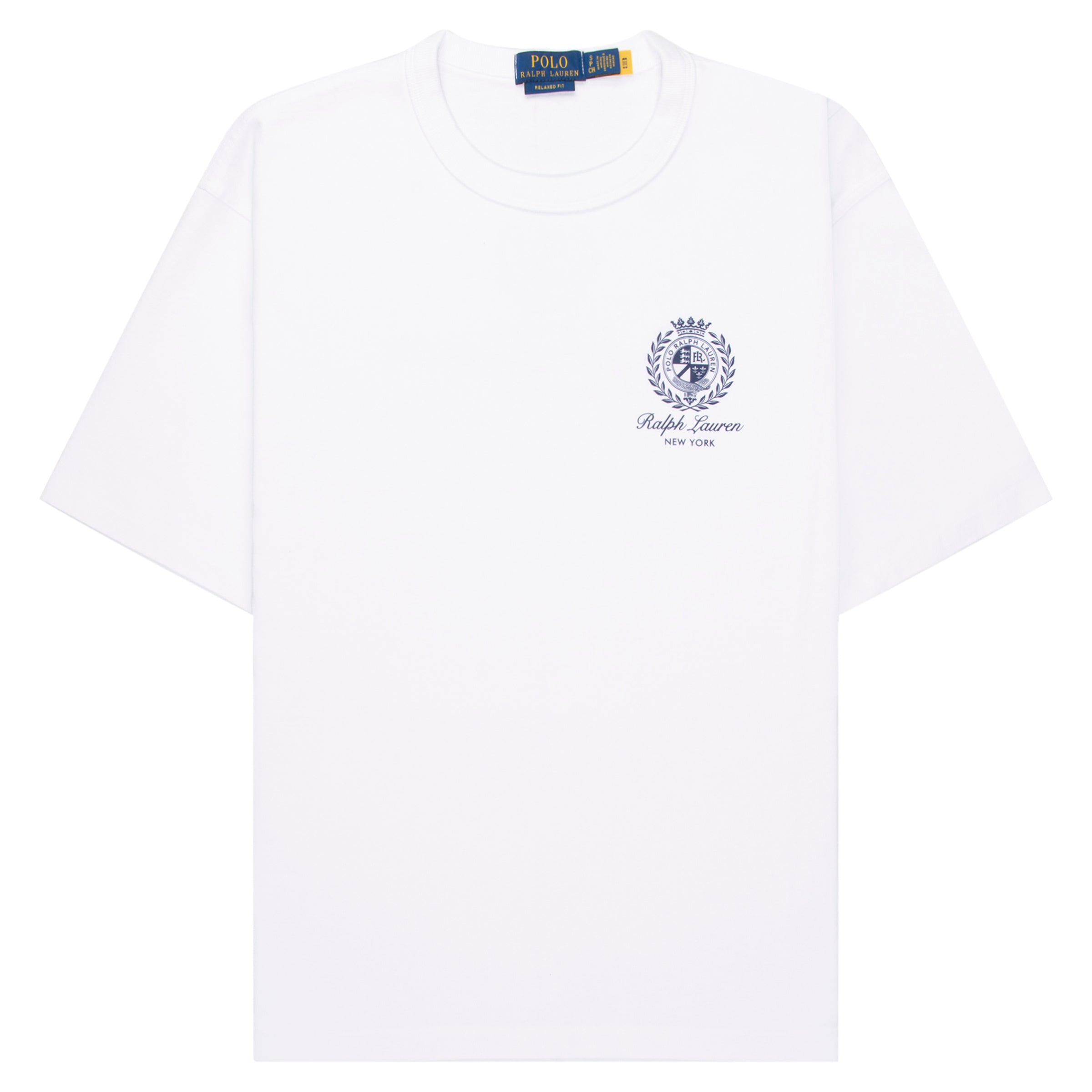 White t-shirt with a logo on a white background