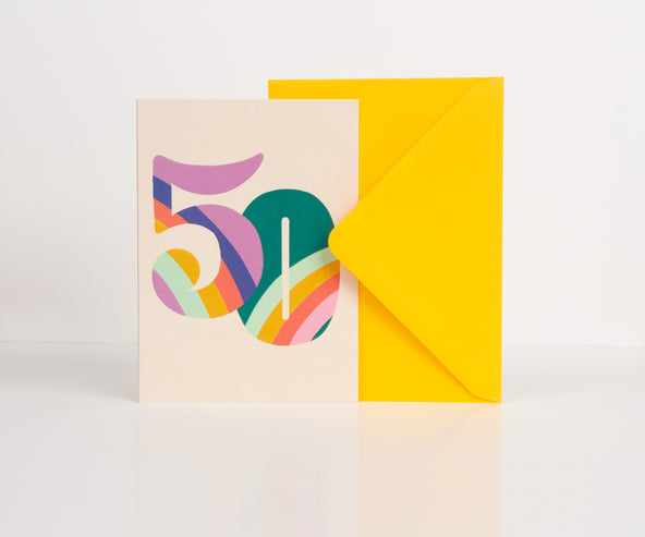 Raspberry Blossom '50' Rainbow Colourful Birthday Card