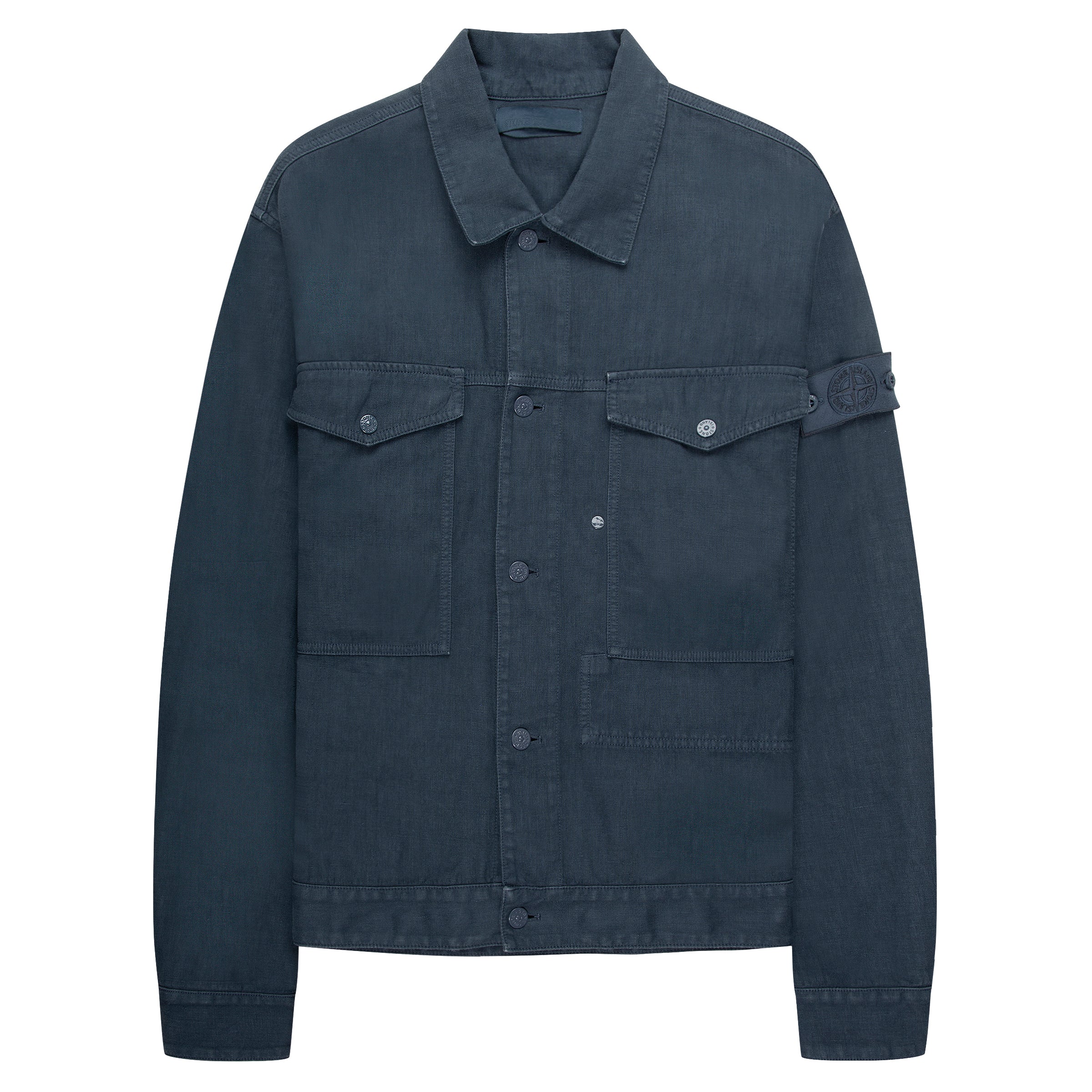 Navy blue denim jacket on a white background