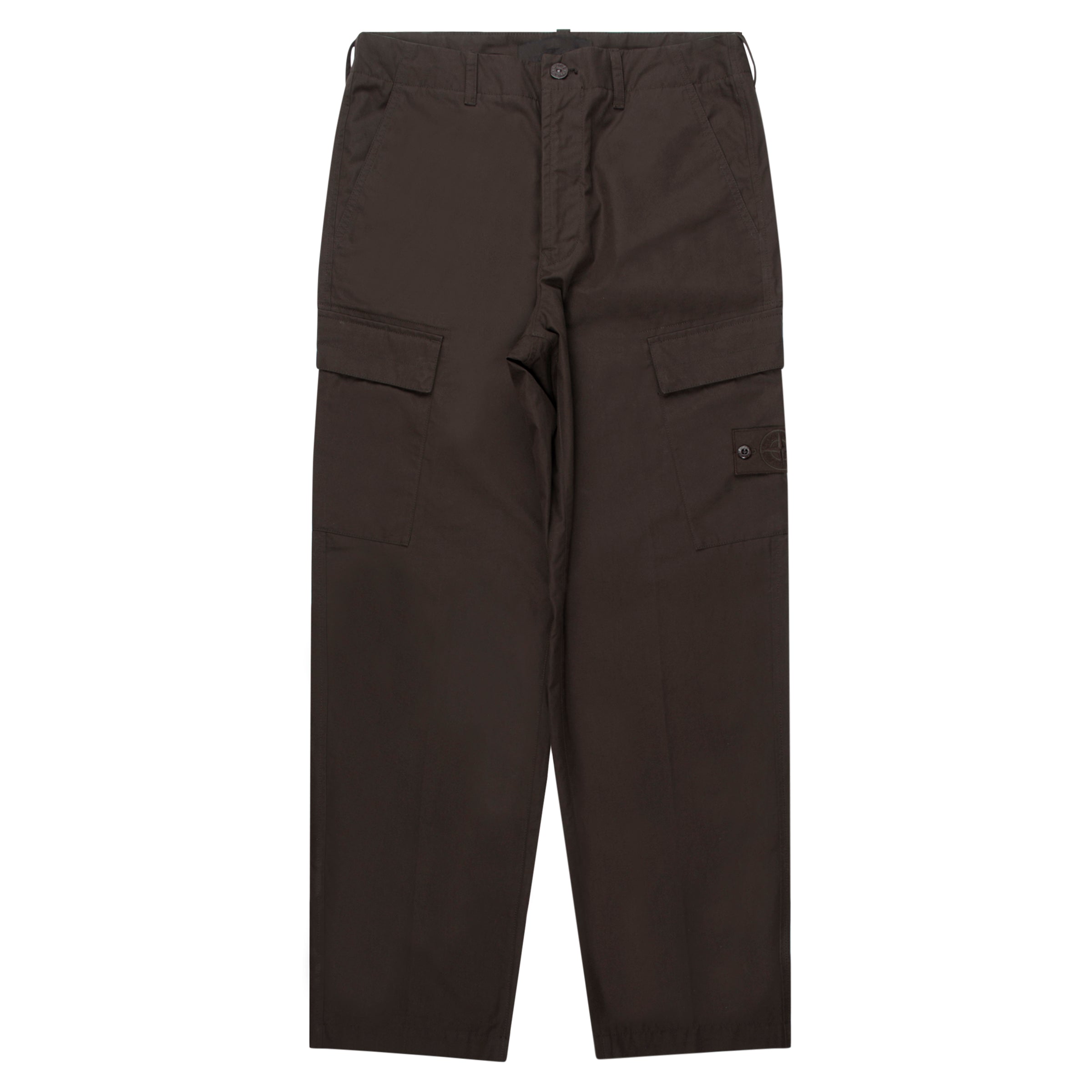 Dark brown cargo pants on a white background