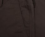 Close-up of dark brown pants with a focus on texture and stitching.