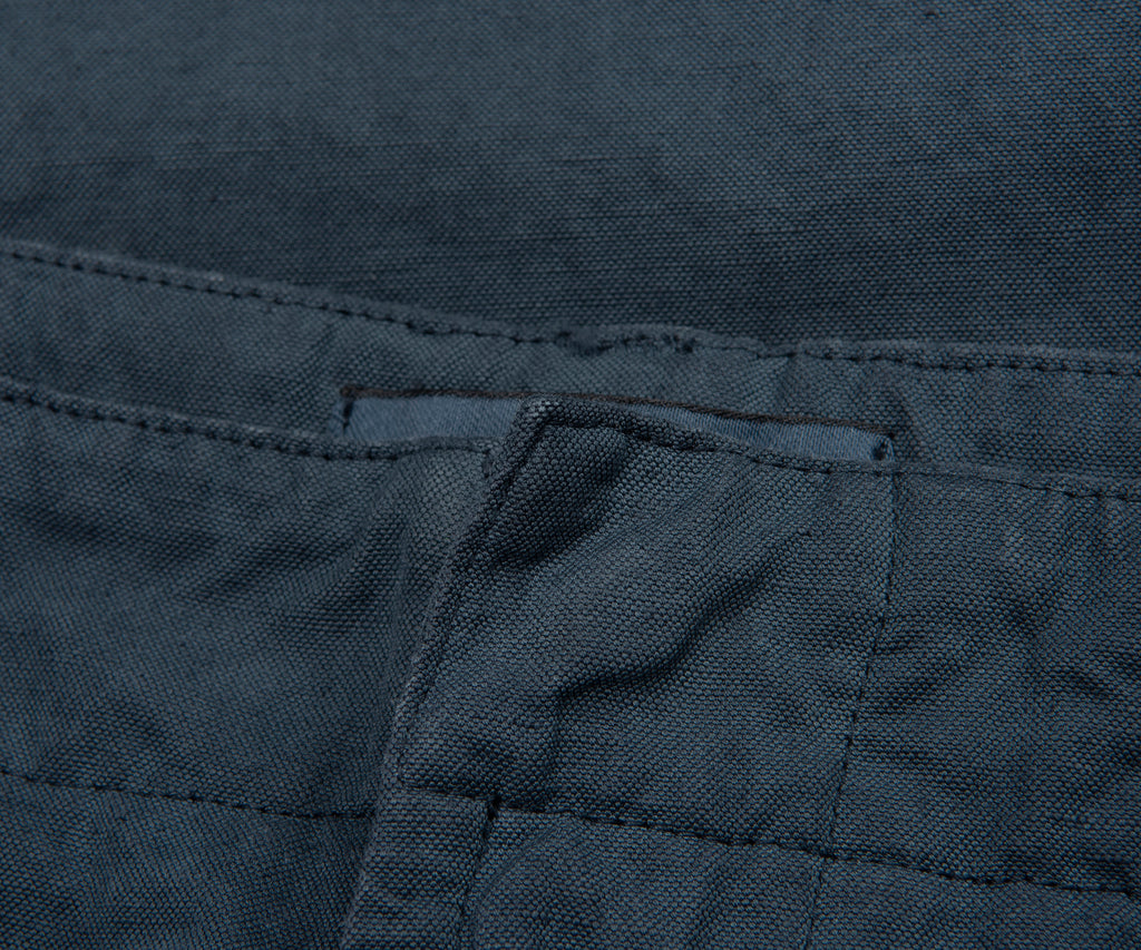 Close-up of dark blue fabric with stitching detail
