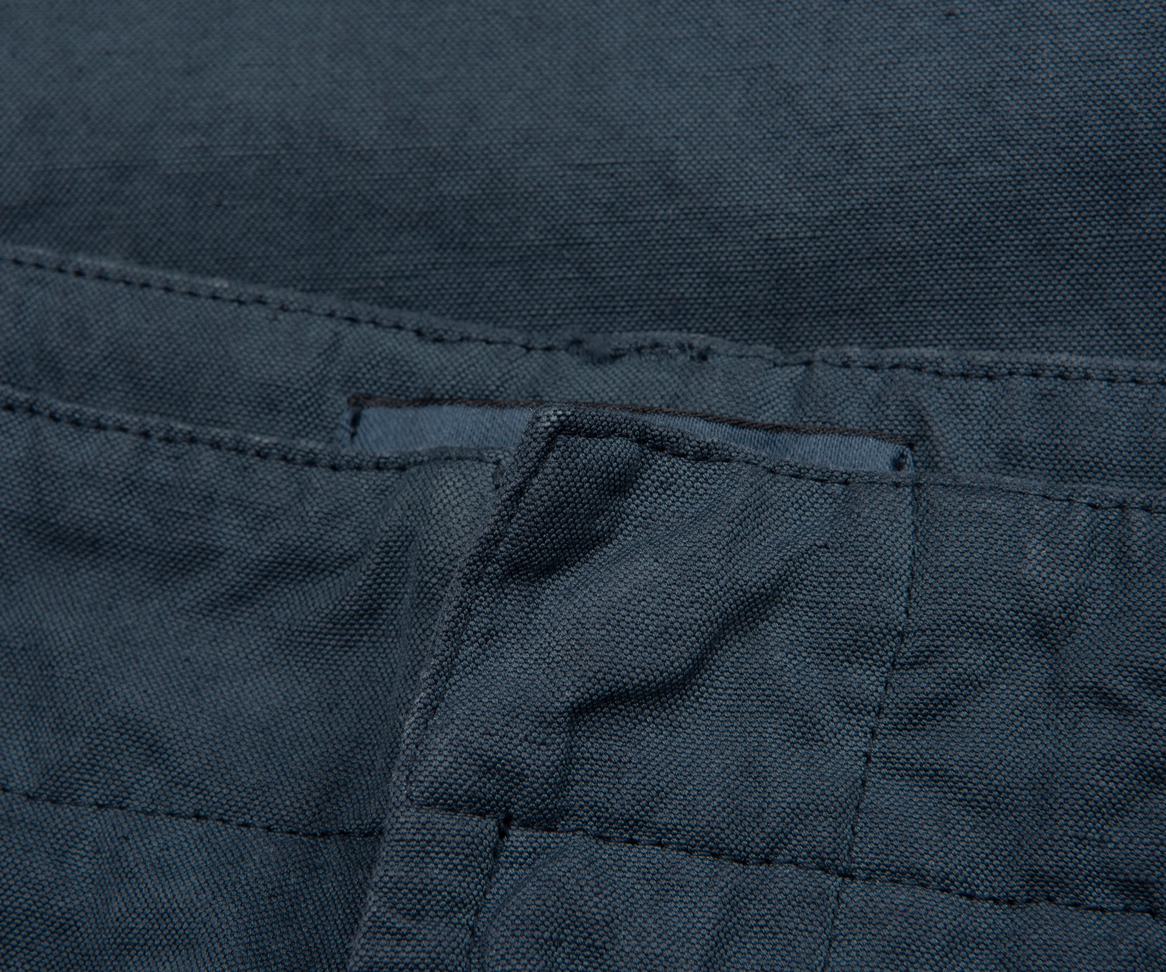 Close-up of dark blue fabric with stitching detail