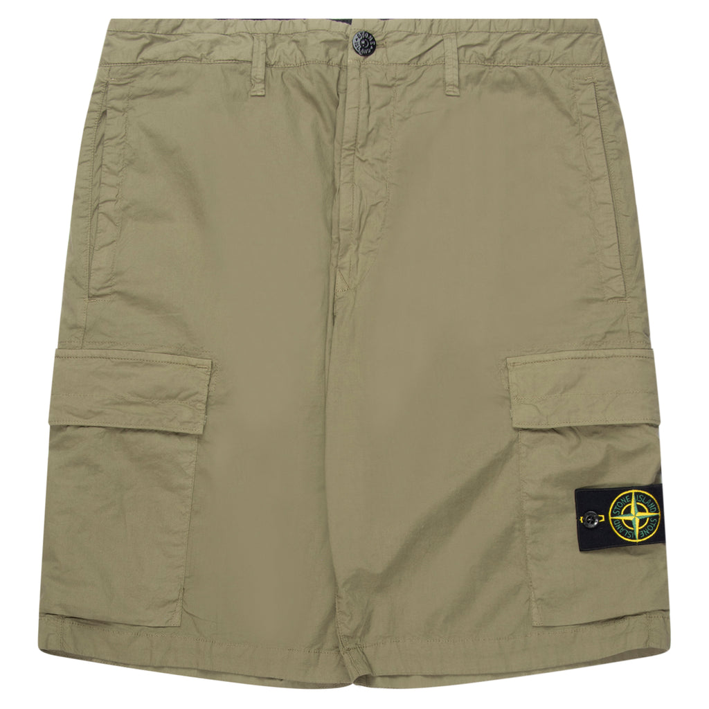 Khaki cargo shorts with a brand logo on a white background
