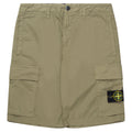 Khaki cargo shorts with a brand logo on a white background