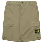 Khaki cargo shorts with a brand logo on a white background