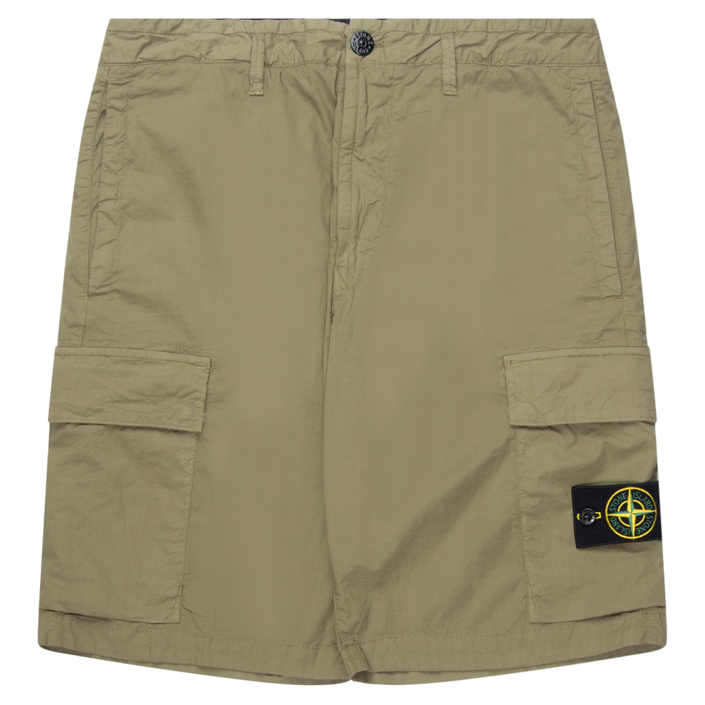 Khaki cargo shorts with a brand logo on a white background