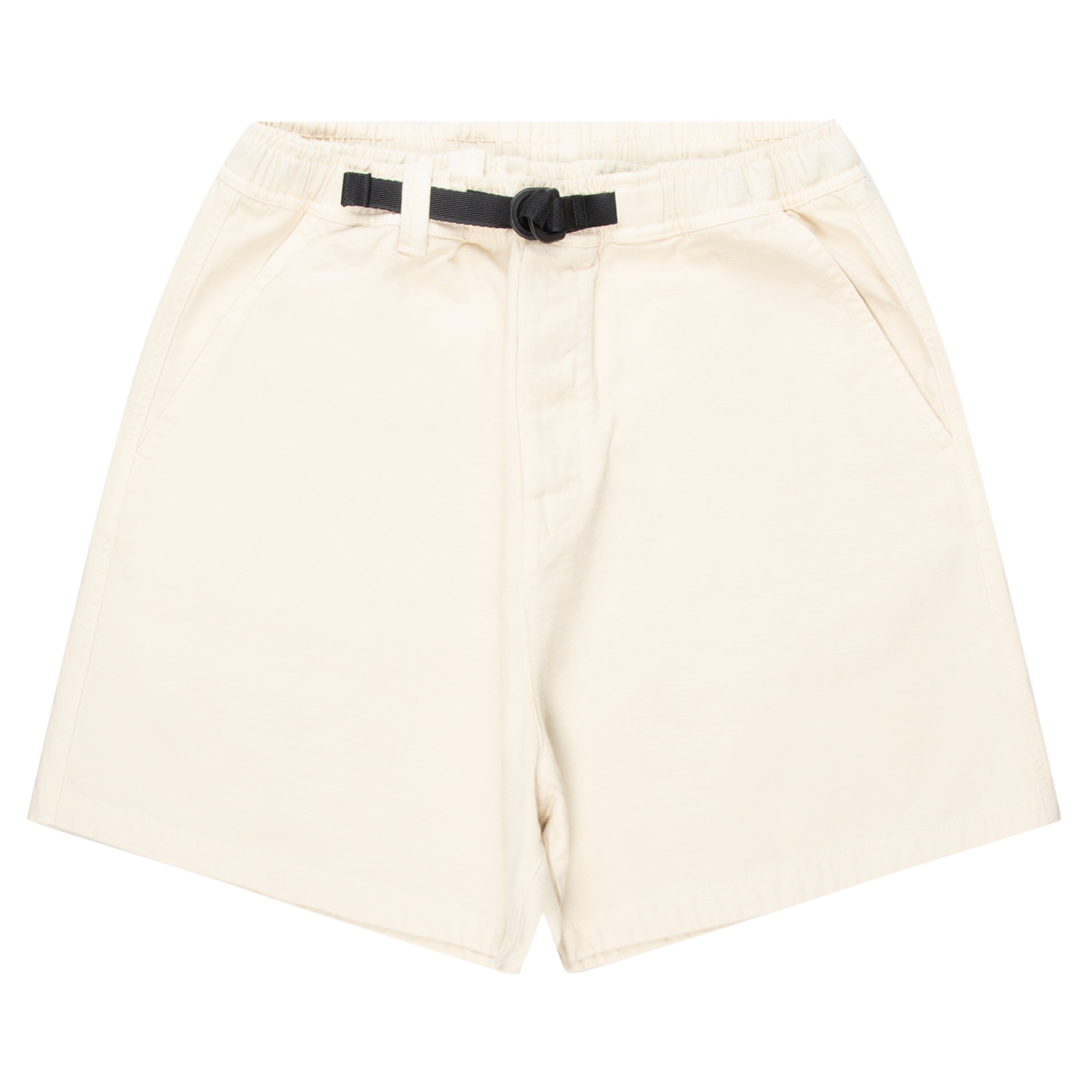 Beige shorts with a black belt on a white background