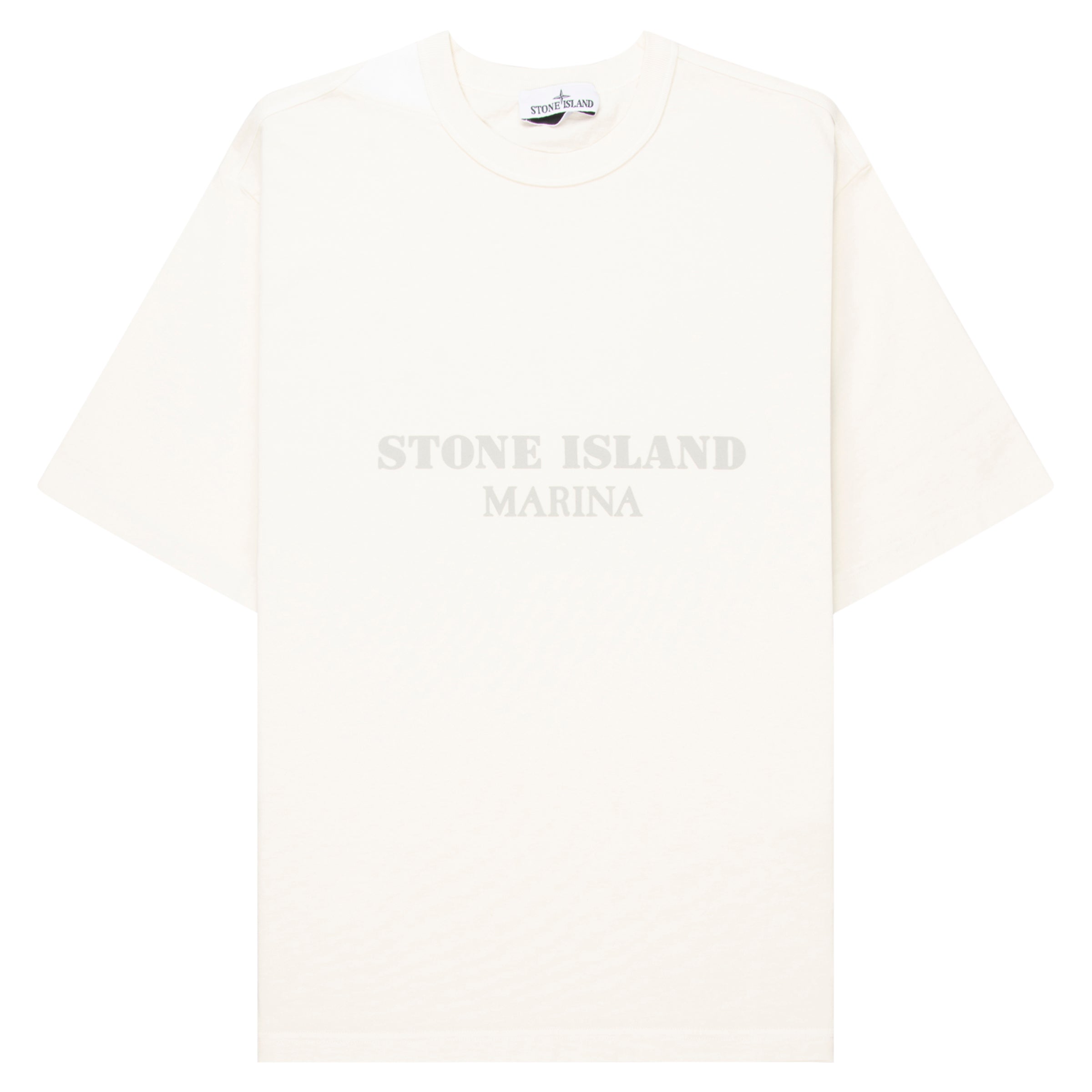 White t-shirt with 'Stone Island Marina' text on a white background