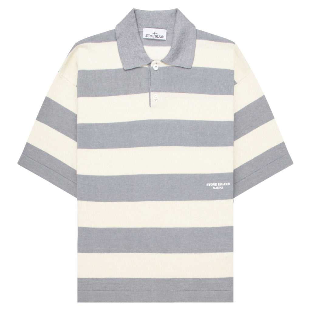 Gray and white striped polo shirt with 'Stevie Alan' label on a white background