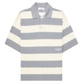 Gray and white striped polo shirt with 'Stevie Alan' label on a white background