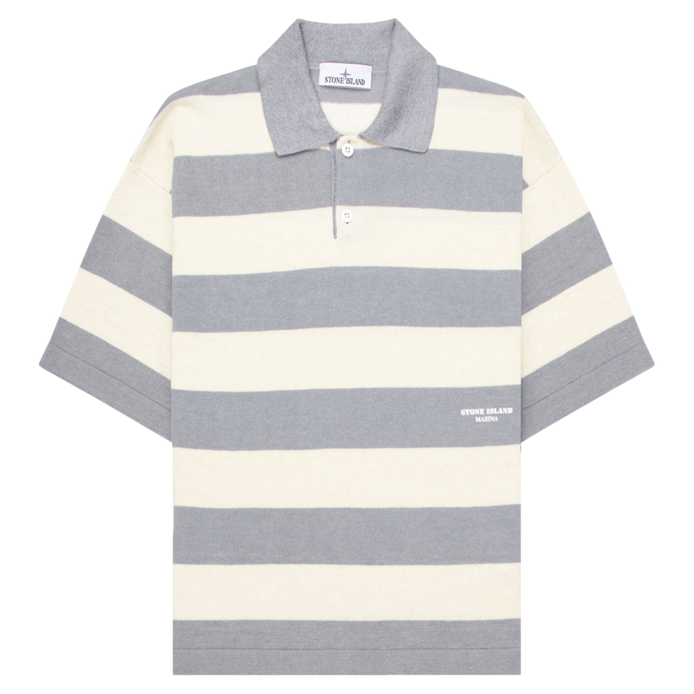 Gray and white striped polo shirt with 'Stevie Alan' label on a white background