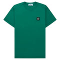 Green t-shirt with a small logo on a white background