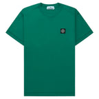 Green t-shirt with a small logo on a white background