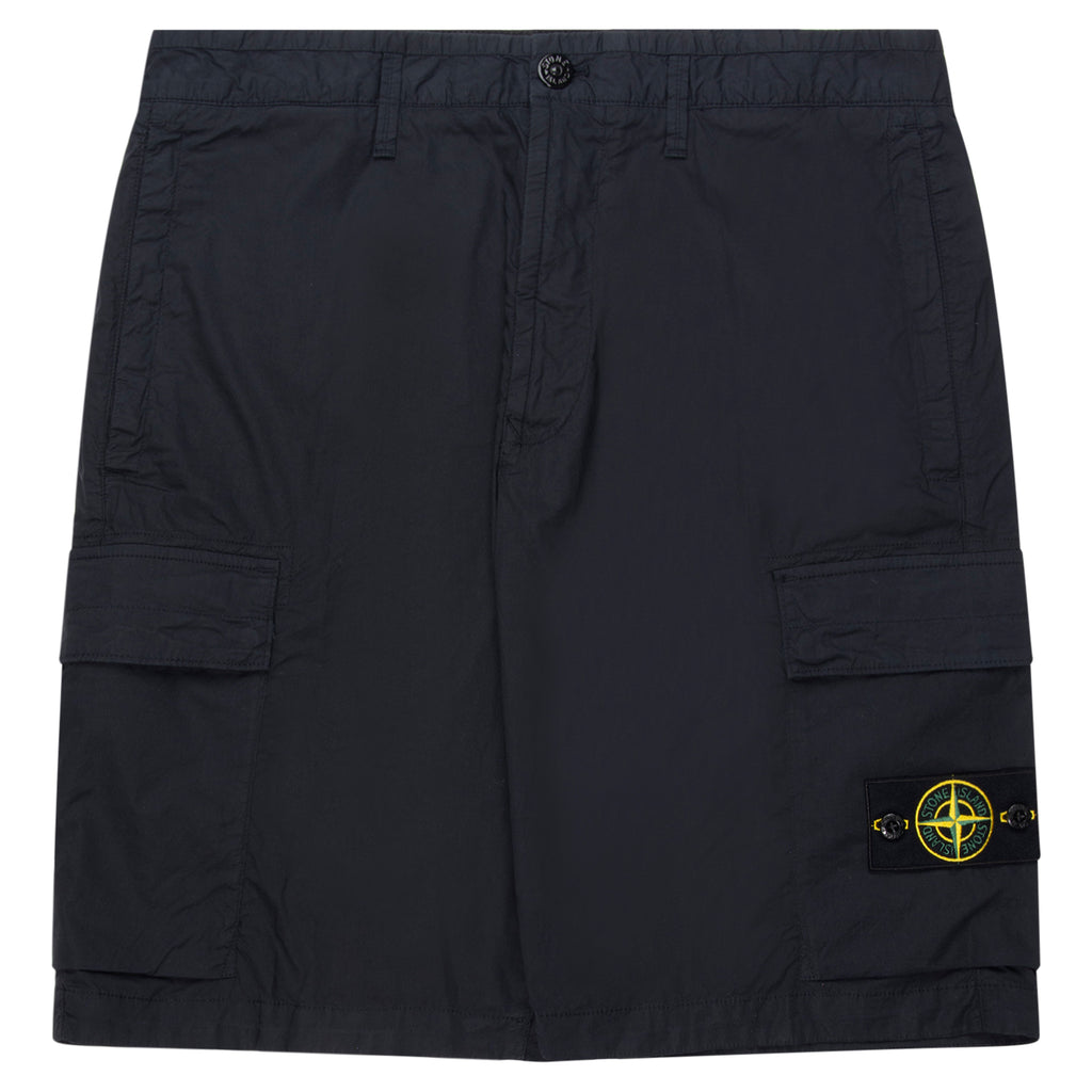 Black cargo shorts with a brand logo on a white background