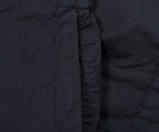 Close-up of a dark gray quilted jacket with stitching details.