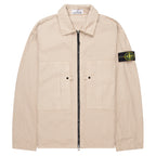 Beige jacket with a brand logo on the sleeve against a white background