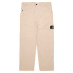 Beige pants with a brand logo on a white background