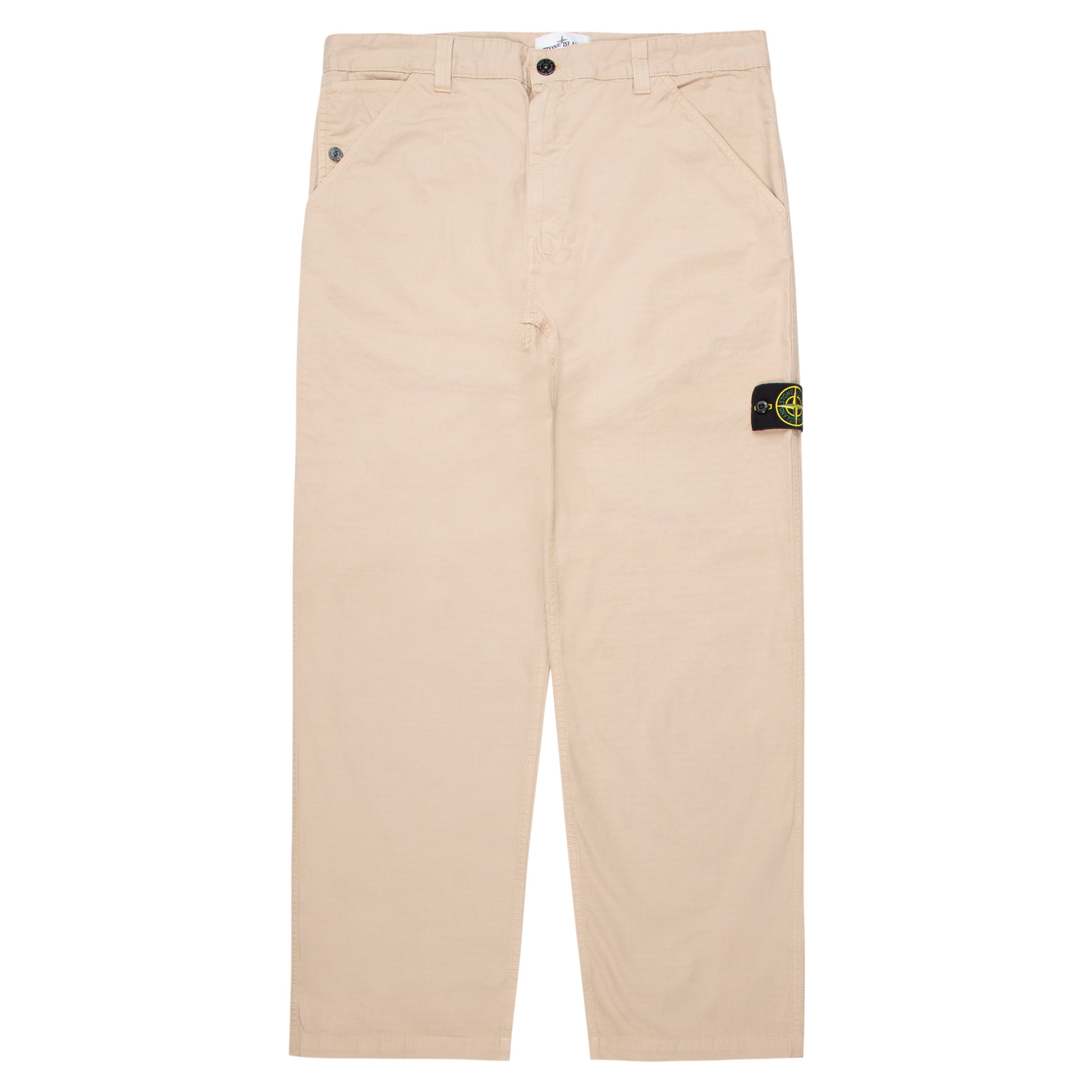 Beige pants with a brand logo on a white background