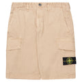 Beige cargo shorts with a brand logo on a white background