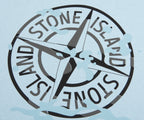 Stone Island logo with compass design on a light blue background