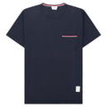 Navy blue t-shirt with a pocket and small striped detail on a white background