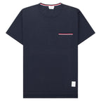 Navy blue t-shirt with a pocket and small striped detail on a white background