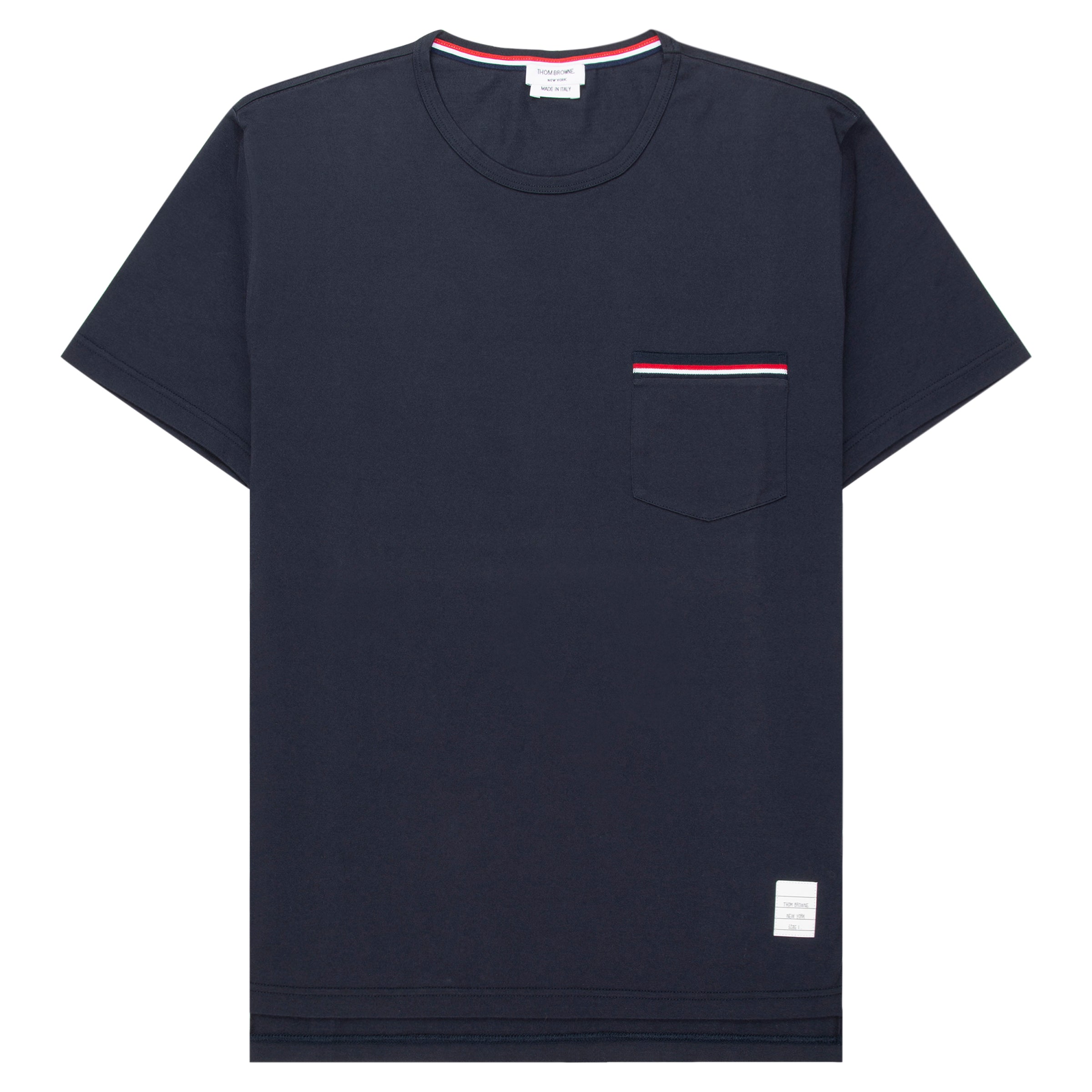 Navy blue t-shirt with a pocket and small striped detail on a white background