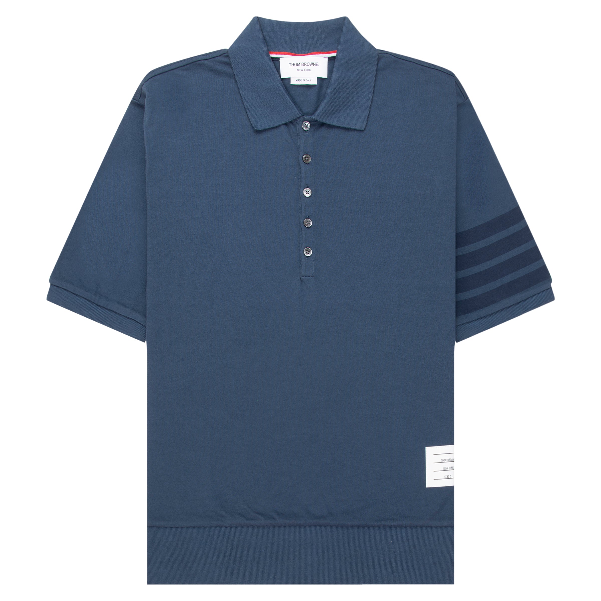 Blue polo shirt with striped sleeves on a white background