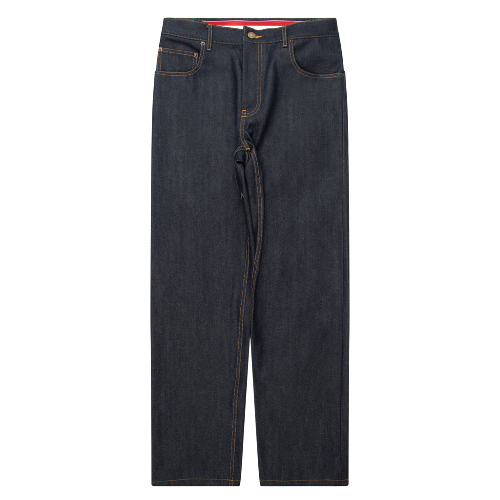 Thom Browne selvedge 5-pocket denim jeans in indigo with structured fit, button fly and signature tricolour grosgrain tab
