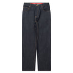 Thom Browne selvedge 5-pocket denim jeans in indigo with structured fit, button fly and signature tricolour grosgrain tab