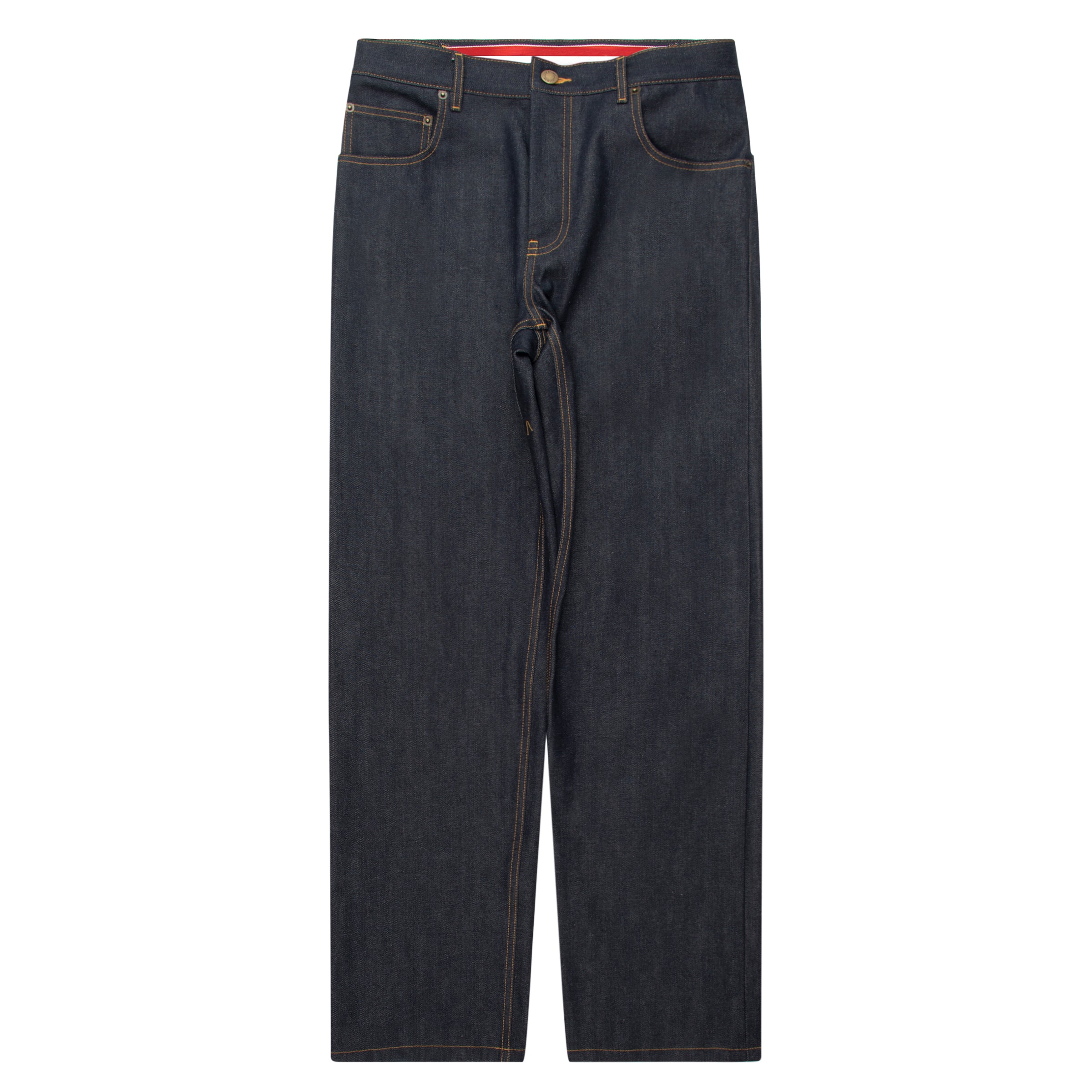 Thom Browne selvedge 5-pocket denim jeans in indigo with structured fit, button fly and signature tricolour grosgrain tab