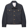 Dark denim jacket with gold buttons on a white background