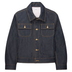 Dark denim jacket with gold buttons on a white background