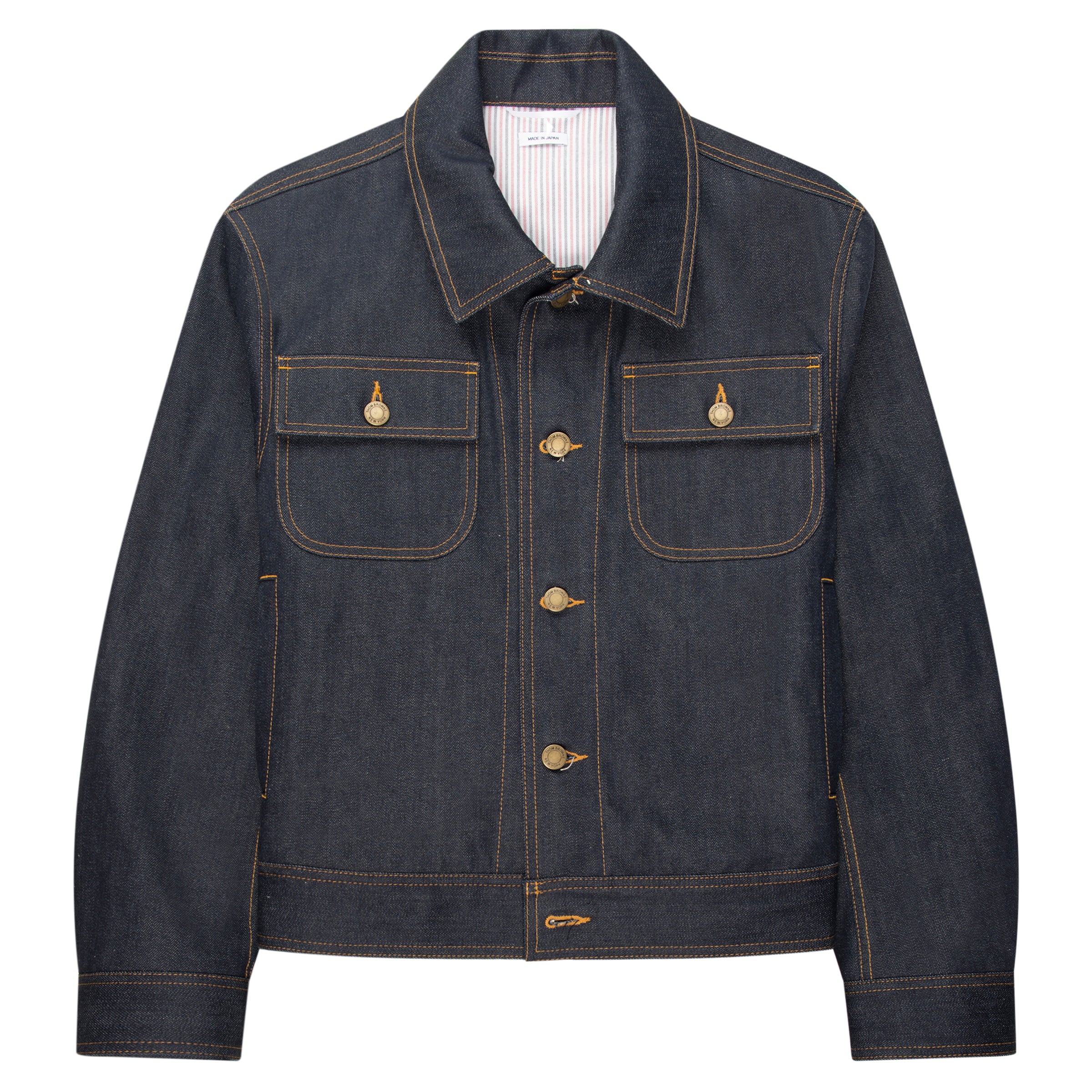 Dark denim jacket with gold buttons on a white background