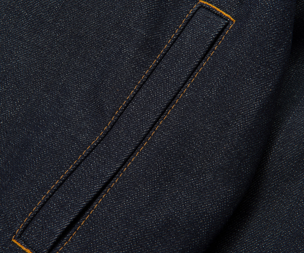 Close-up of dark denim fabric with a pocket detail