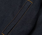 Close-up of dark denim fabric with a pocket detail